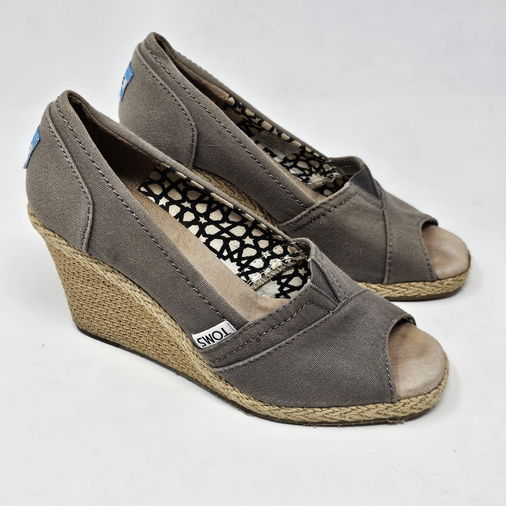 TOMS Calypso Gray Espadrille Jute Open Toe Wedges Canvas Shoes Womens Size 5